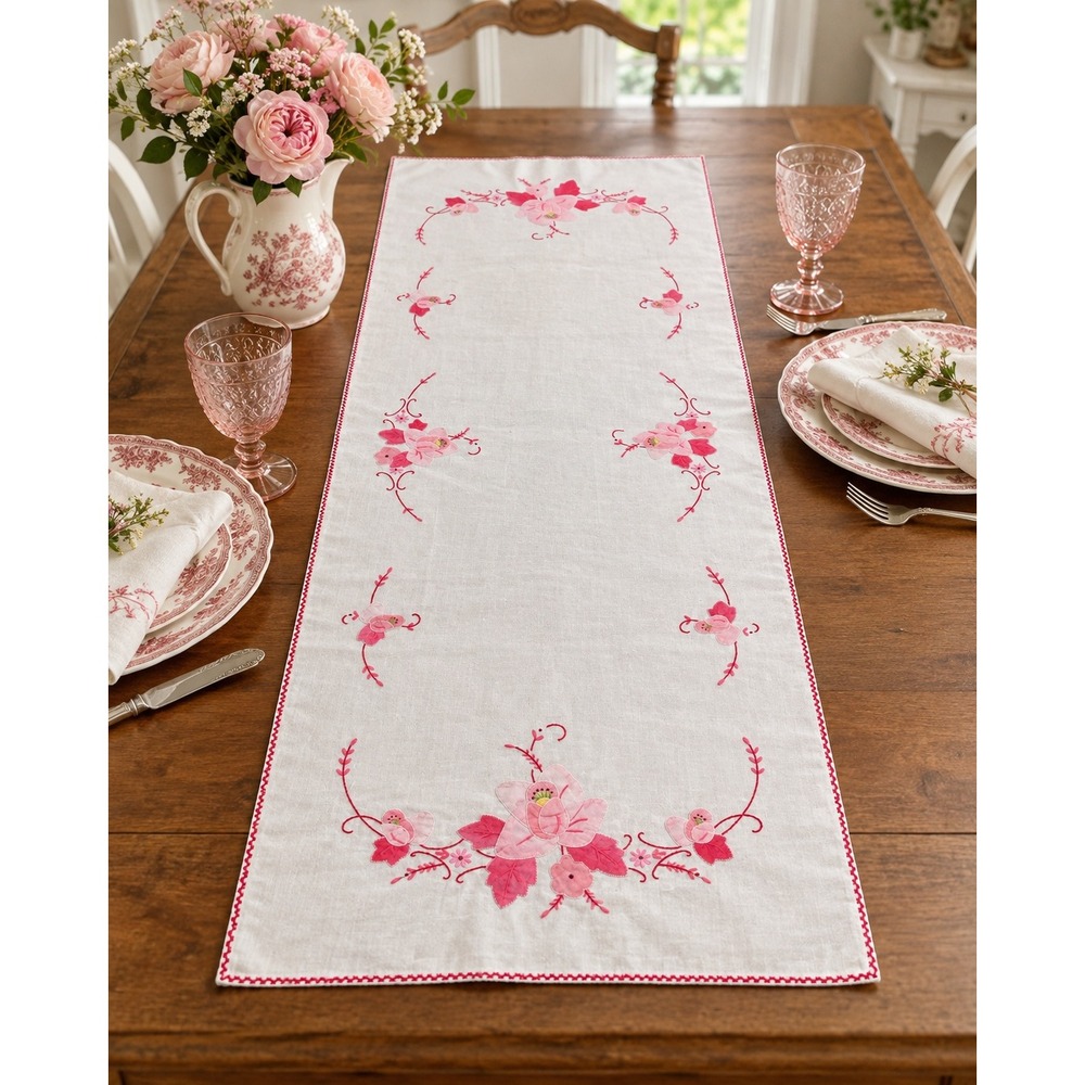 Vintage White Linen Table Runner Pink Floral Embroidered Applique 14.5 x38 Rose